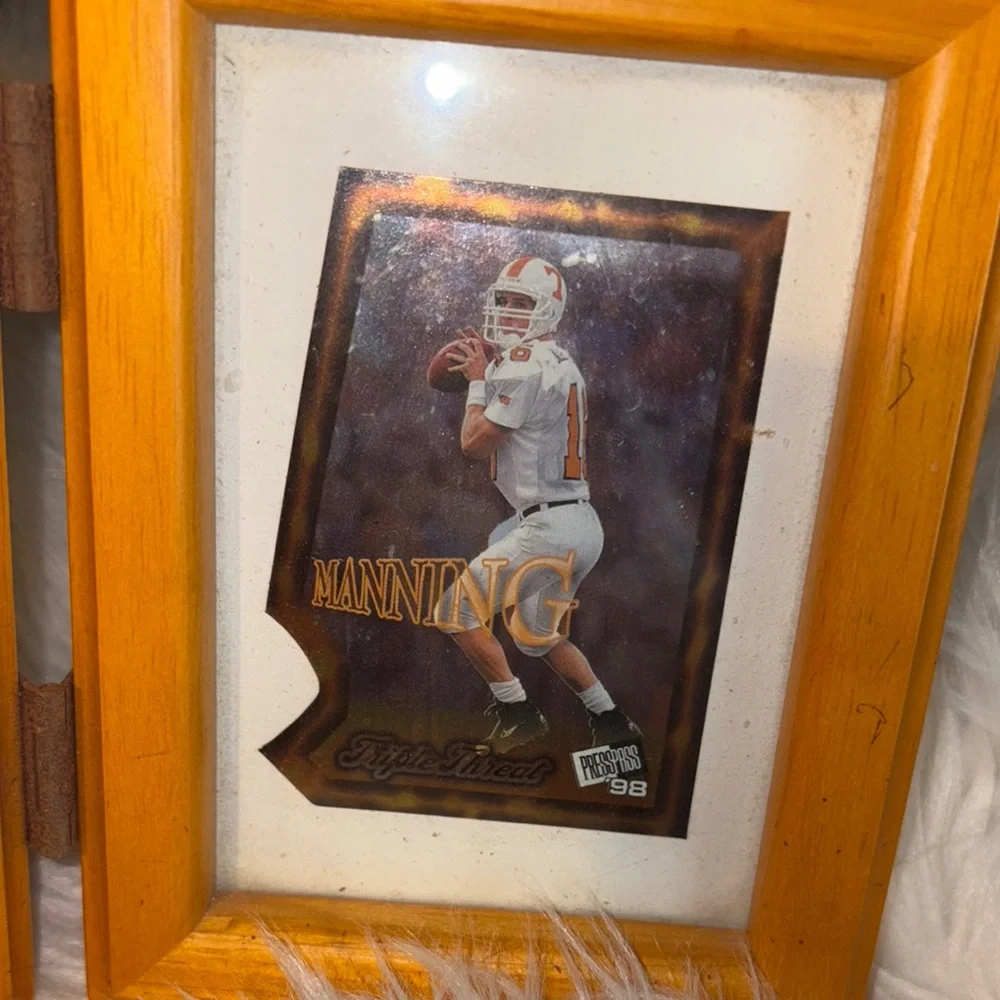 Wooden Triple Photo Frame with Sports Memorabilia (Peyton Manning)